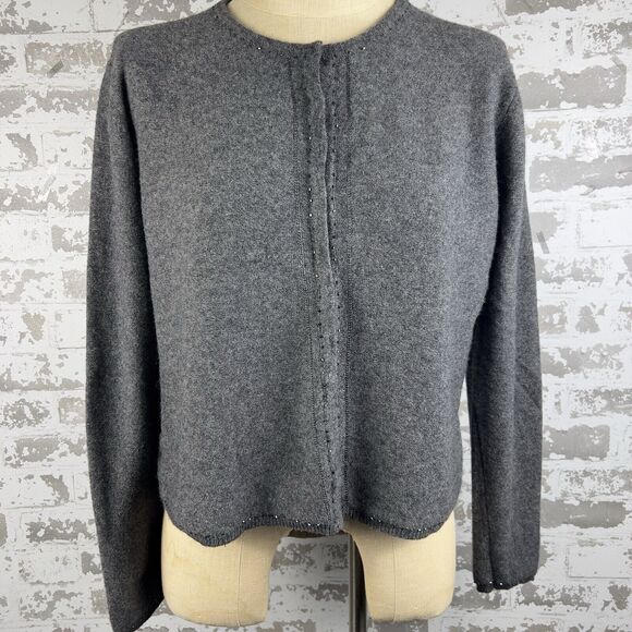 Gap Cardigan Sweater Women’s L Lambswool Blend Heather Gray Snap Beaded Cropped - Picture 15 of 15